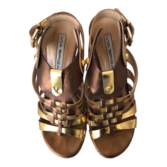 Via Spiga Bronze and Gold Leather Cork Wedge Heel Sandals Size‎ 8M - Picture 6 of 6